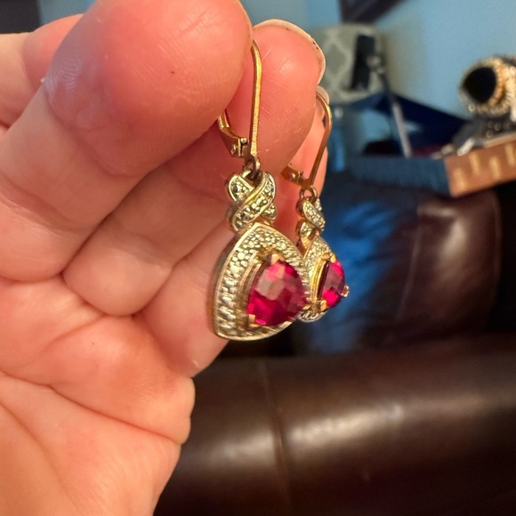 Vintage gold over Sterling Silver 925 Simulated Ruby & CZ Drop Earrings - Picture 3 of 8